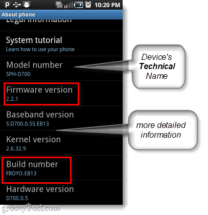 firmware Android și număr de construire, număr de model