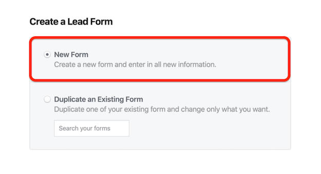 Opțiune Formular nou în Facebook Creați o fereastră Formular de plumb
