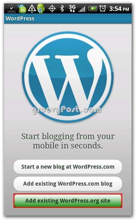 Meniul de configurare Wordpress în Android - Adăugați site-ul Web existent