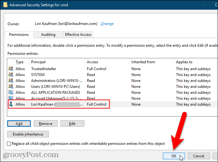 Închideți caseta de dialog Setări avansate de securitate din Registrul Windows