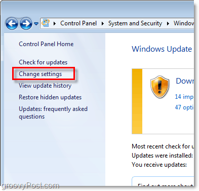 Windows 7 - Captura de ecran a legăturii de configurare a Windows Update