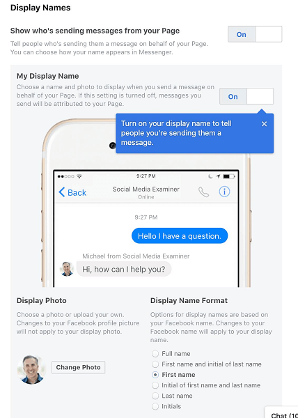 Facebook permite administratorilor de pagini să își selecteze numele afișat atunci când utilizează Messenger în numele paginii sau al companiei lor.