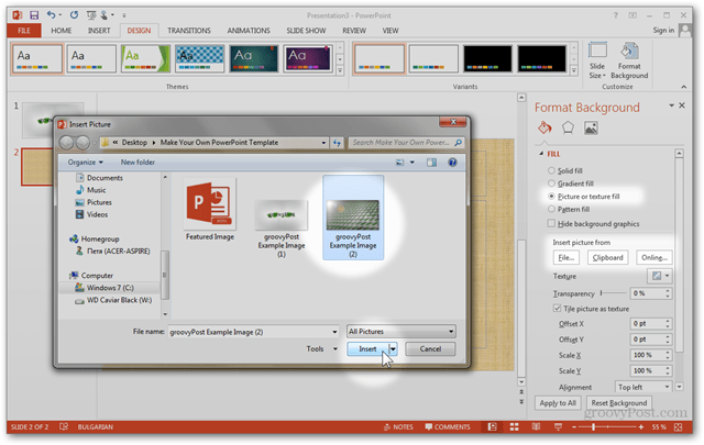 Șabloane Office 2013 Creare Creare design personalizat POTX Personalizare diapozitive diapozitive Cum se formatează fundalul importării imaginii personalizate