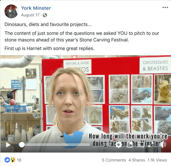 Exemplu de postare pe Facebook care susține un AMA de la York Minster.
