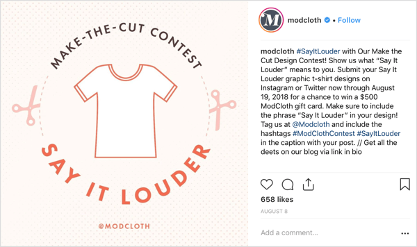 ModCloth a cerut utilizatorilor Instagram să-și împărtășească propriile modele în postările originale și a oferit un stimulent generos (proporțional cu sarcina): șansa de a câștiga un card cadou de 500 USD.