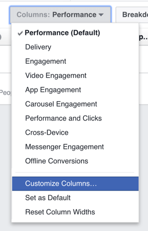 Puteți personaliza coloanele afișate în tabelul cu rezultatele publicității Facebook.