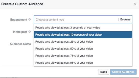 Restrângeți publicul dvs. personalizat de Facebook în funcție de procentajul videoclipului vizionat.