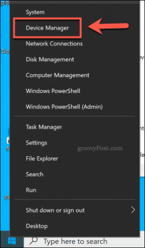 Accesarea Managerului de dispozitive din meniul Start pe Windows 10
