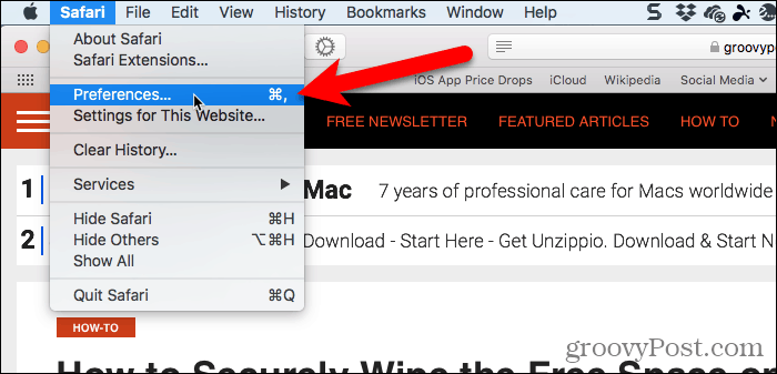Accesați Safari> Preferințe în Safari pentru Mac