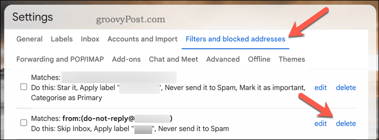 Butonul de ștergere a filtrului din Gmail