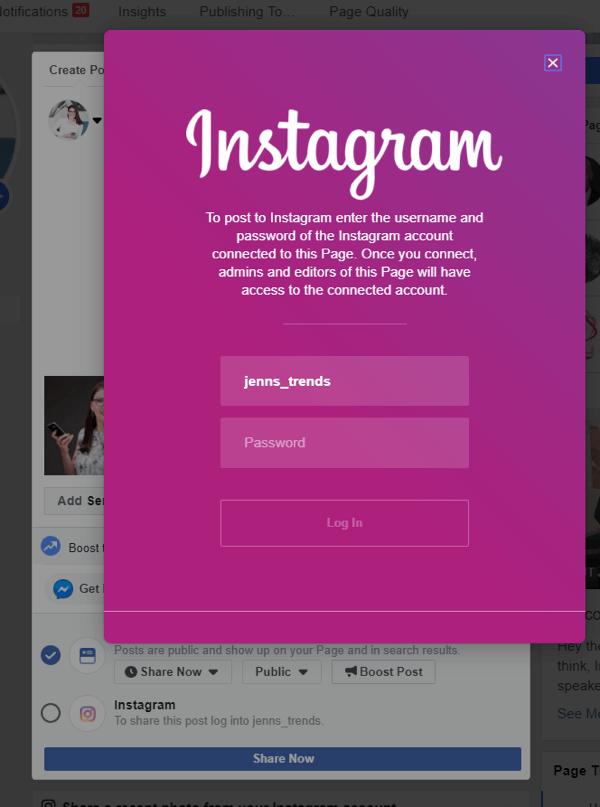 Cum să postați încrucișat pe Instagram de pe Facebook pe desktop, pasul 4, conectați-vă la Instagram