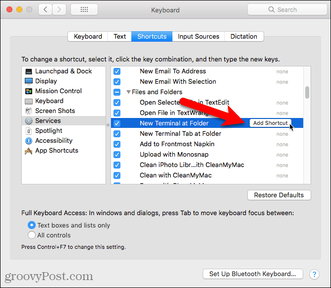 Faceți clic pe Adăugare rapidă pentru noul terminal la serviciul Folder de pe un Mac