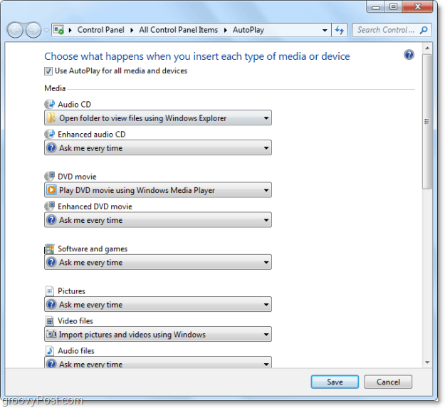 Economisiți timp Personalizând Windows 7 Acțiuni de redare automată