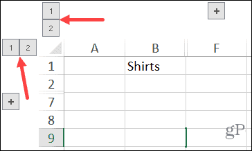 Coloane grupate și butoane numerice de rânduri în Excel pe Windows