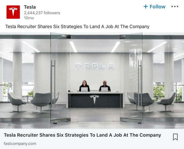 Exemplu de postare a paginii companiei Tesla LinkedIn.