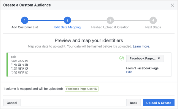 Când importați lista de abonați ai aplicației Messenger bot pentru a crea un public personalizat, Facebook își mapează numărul de identificare de utilizator Facebook, care este legat de profilul lor.