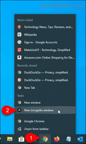 Selectați fereastră incognito nouă pentru Chrome pe bara de activități