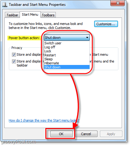 schimbați acțiunea butonului de pornire a meniului de pornire în Windows 7