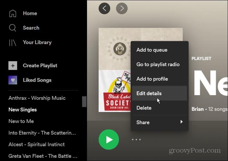 Mai multe opțiuni meniul Spotify