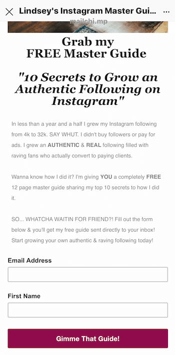 exemplu de pagină de destinație pentru magnetul de plumb promovat în povestea Instagram
