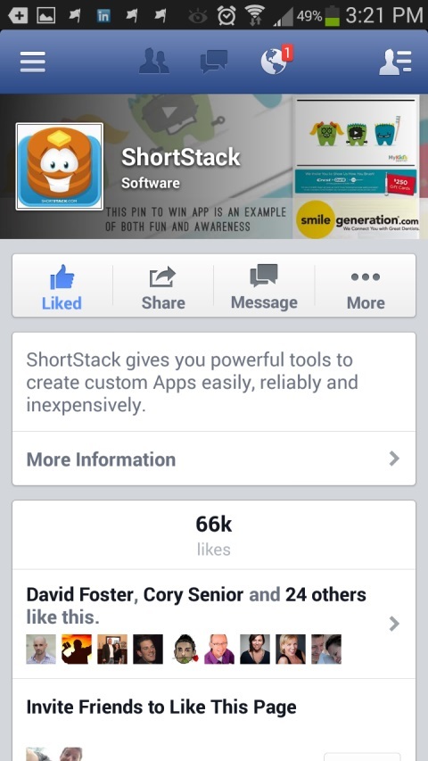 pagina de facebook shortstack pe dispozitivul mobil