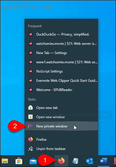 Selectați Fereastră privată nouă pe Firefox în bara de activități