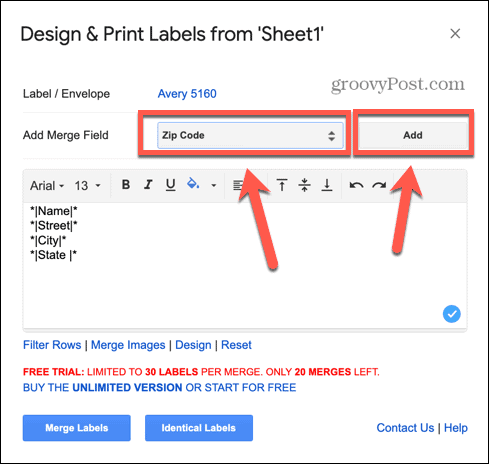 google sheets adăuga câmp de etichetă