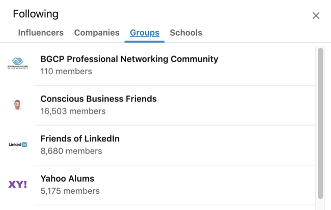 Profilul LinkedIn a extins caseta de interese cu fila Grup selectată