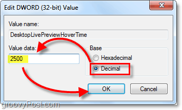 ajustați proprietățile de cuvânt la date zecimale și valorile la 2500 pentru Windows 7 DesktopLivePreviewHoverTime