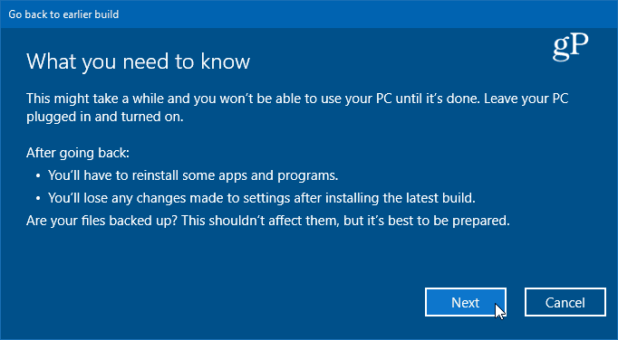 detalii despre returnarea la versiunea anterioară a Windows 10