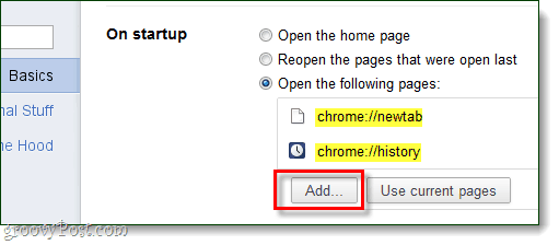 Pornire Chrome Adăugați pagini pentru a fi deschise