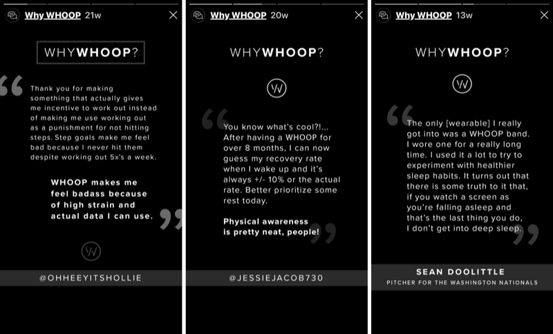 3 segmente Instagram Stories cu mărturii ale clienților pentru WHOOP