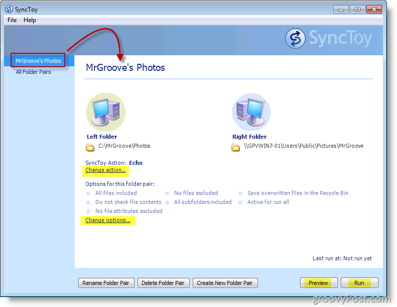 Captura de ecran a meniului principal Microsoft SyncToy