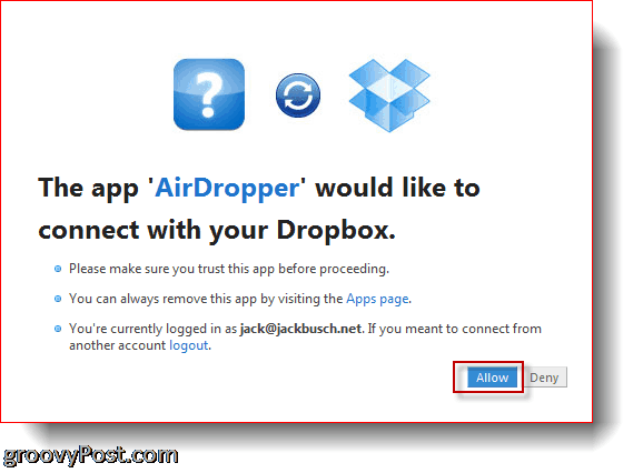 AirDropper Dropbox - conectați aplicația la Dropbox