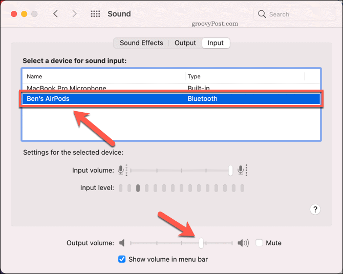 Setarea AirPods ca dispozitiv de sunet de intrare pe Mac