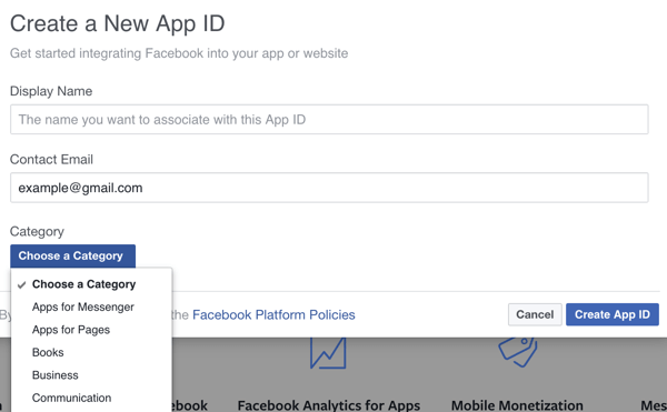 Completați detaliile pentru noua aplicație Facebook.