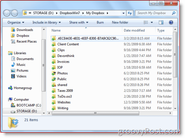 Dosarul Dropbox pe Windows 7 View