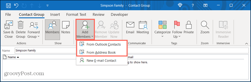Adăugați membri la un nou grup de contacte în Outlook