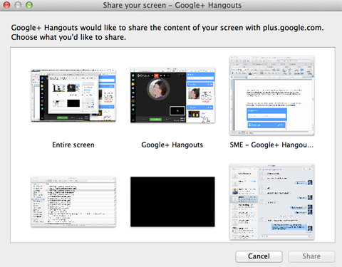 opțiuni de partajare a ecranului pentru Google+ + Hangouts