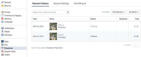 clienții vizualizează comenzile în secțiunea de plăți din setările Facebook