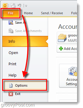 meniul de opțiuni Outlook 2010