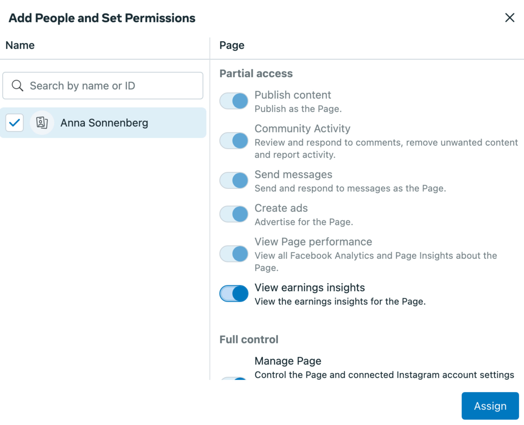 imagine a ecranului App People și Set Permissions din Meta Business Suite