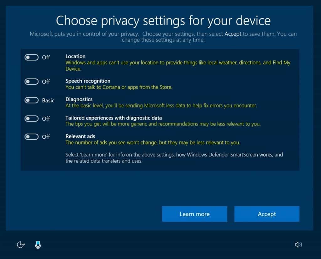 Windows 10, Confidențialitate, Creatori Actualizare, OOBE