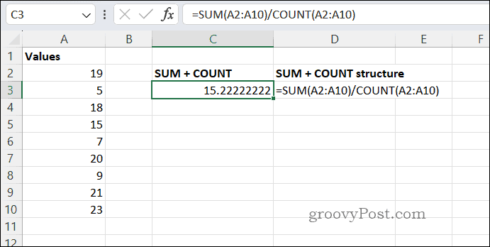 SUMCOUNT rezultat mediu în Excel