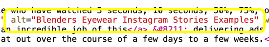 Cum se adaugă text alternativ la postările Instagram, exemplu de text alternativ în codul html