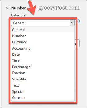 categoria de numere excel