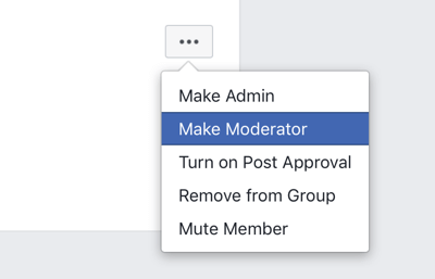 Cum să vă îmbunătățiți comunitatea de grup Facebook, opțiunea de meniu grup Facebook pentru a face un membru moderator 