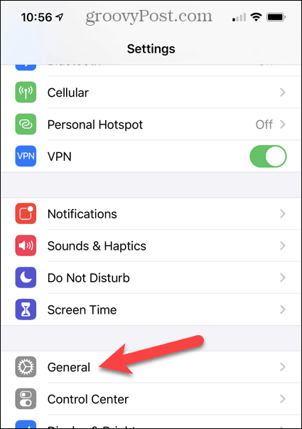Atingeți General în Setări iPhone