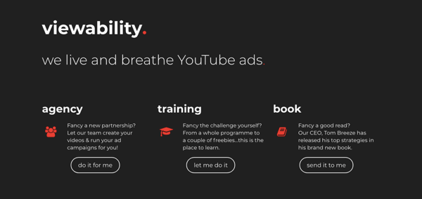 Captură de ecran a site-ului web pentru Viewability, o agenție de reclame YouTube.