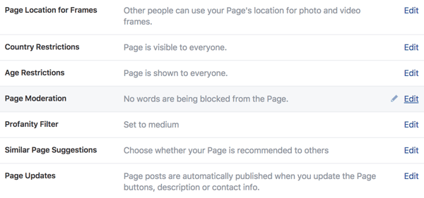 Utilizați zona Setări generale pentru a gestiona controlul noii pagini de afaceri Facebook.